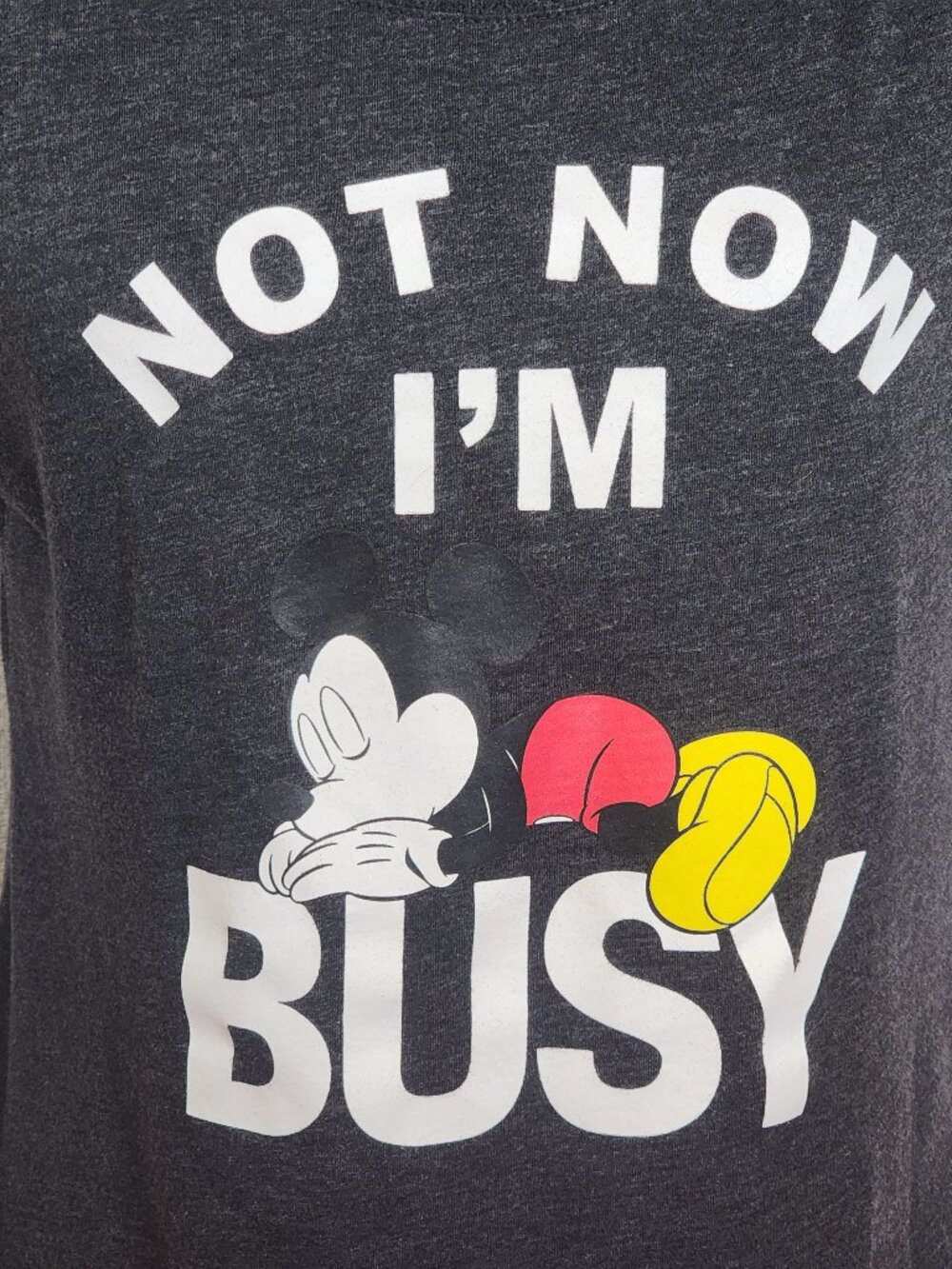 Disney Grey Black Mickey Mouse Graphic Not Now I'm Busy SS Cotton Poly Tee Sz XL - Picture 5 of 16
